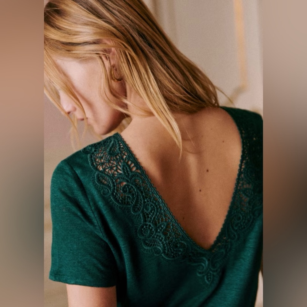 Sezane Mina T-shirt Emerald Green Linen Blend - Size L EUC Like New